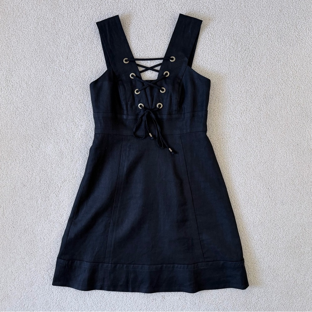 J. Crew Structured Linen Lace-Up Dress - Black w/ Gold Accents